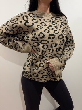 Reitmans Tan and Black Leopard Print Crewneck Sweater